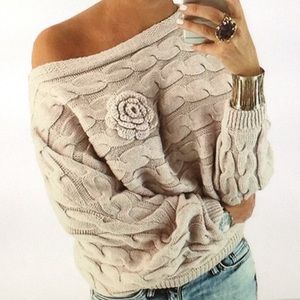 Flower boatneck batwing sleeve knit cable sweater.